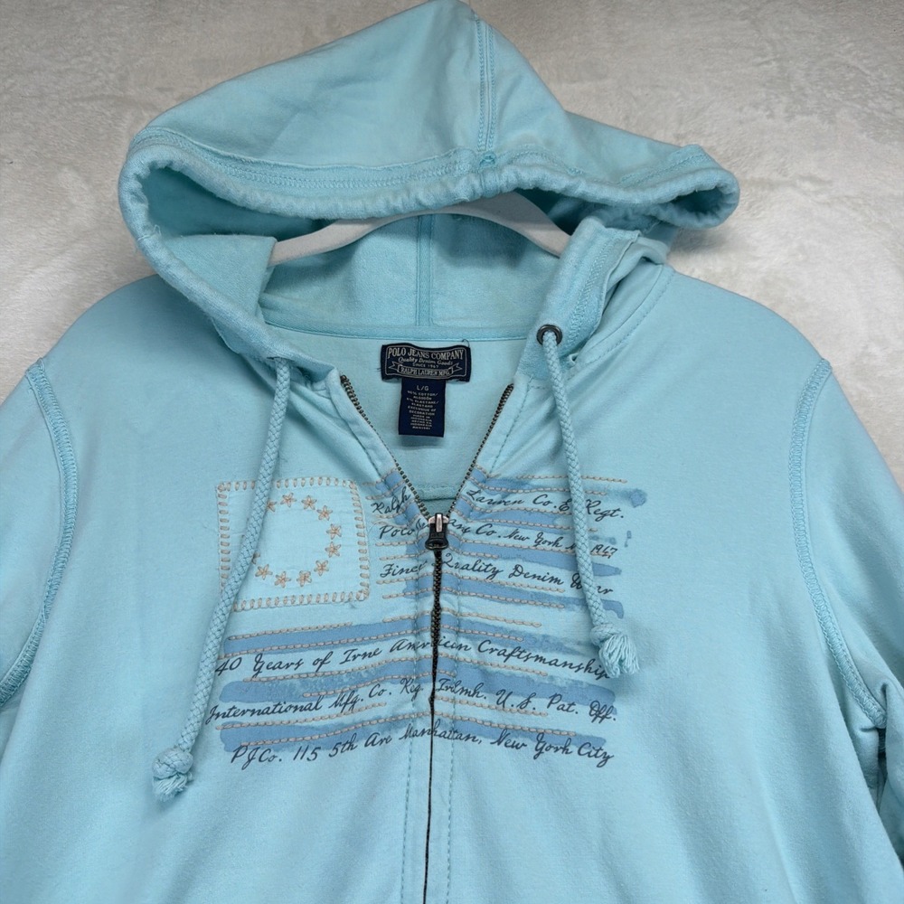 Polo Jeans Co Ralph Lauren Womens L Zip Hoodie American Flag Y2K Vintage Blue